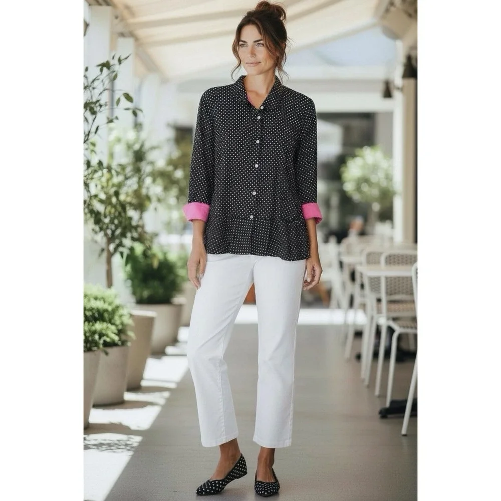 VTG Ralph Lauren Blouse Top Polka Black White‎ Dot 3/4 Sleeve Retro Preppy Sz 16
